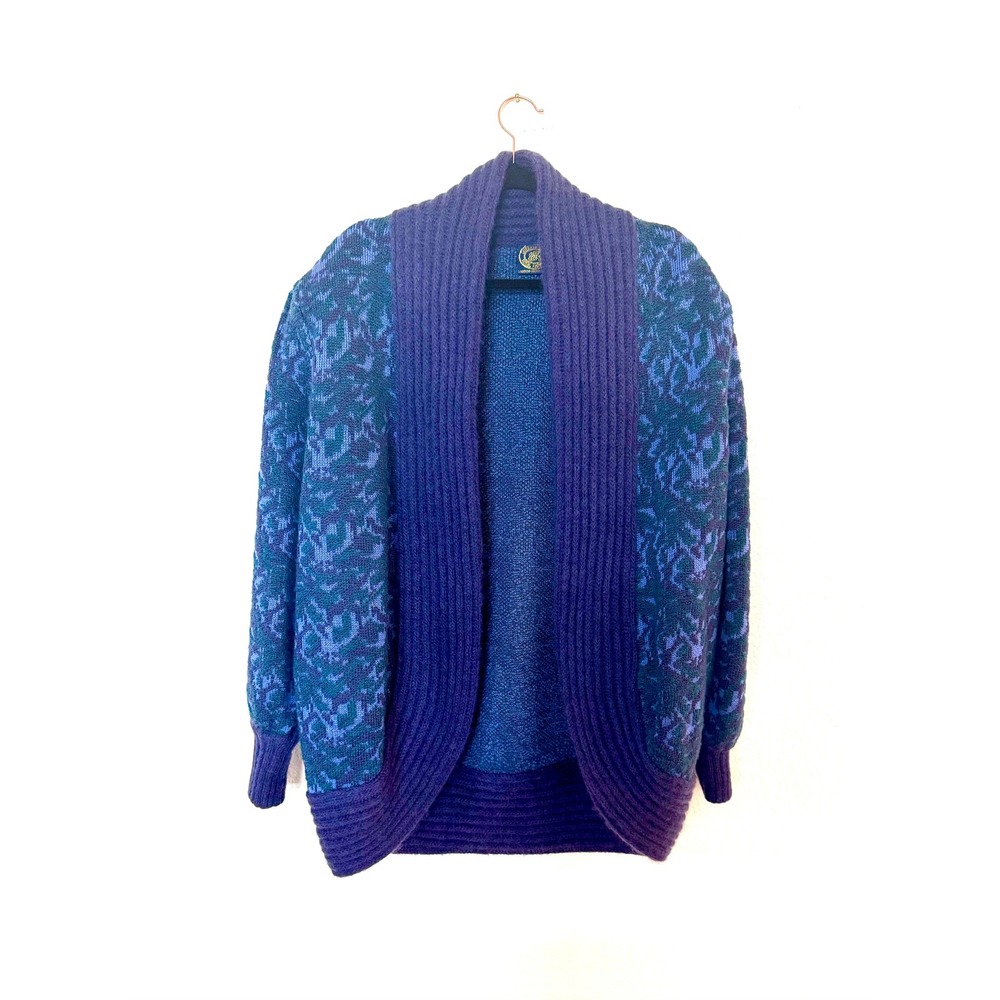 Vintage Wool Women's Knit Cardigan Medium Purple Blue Patterned Shawl Collar